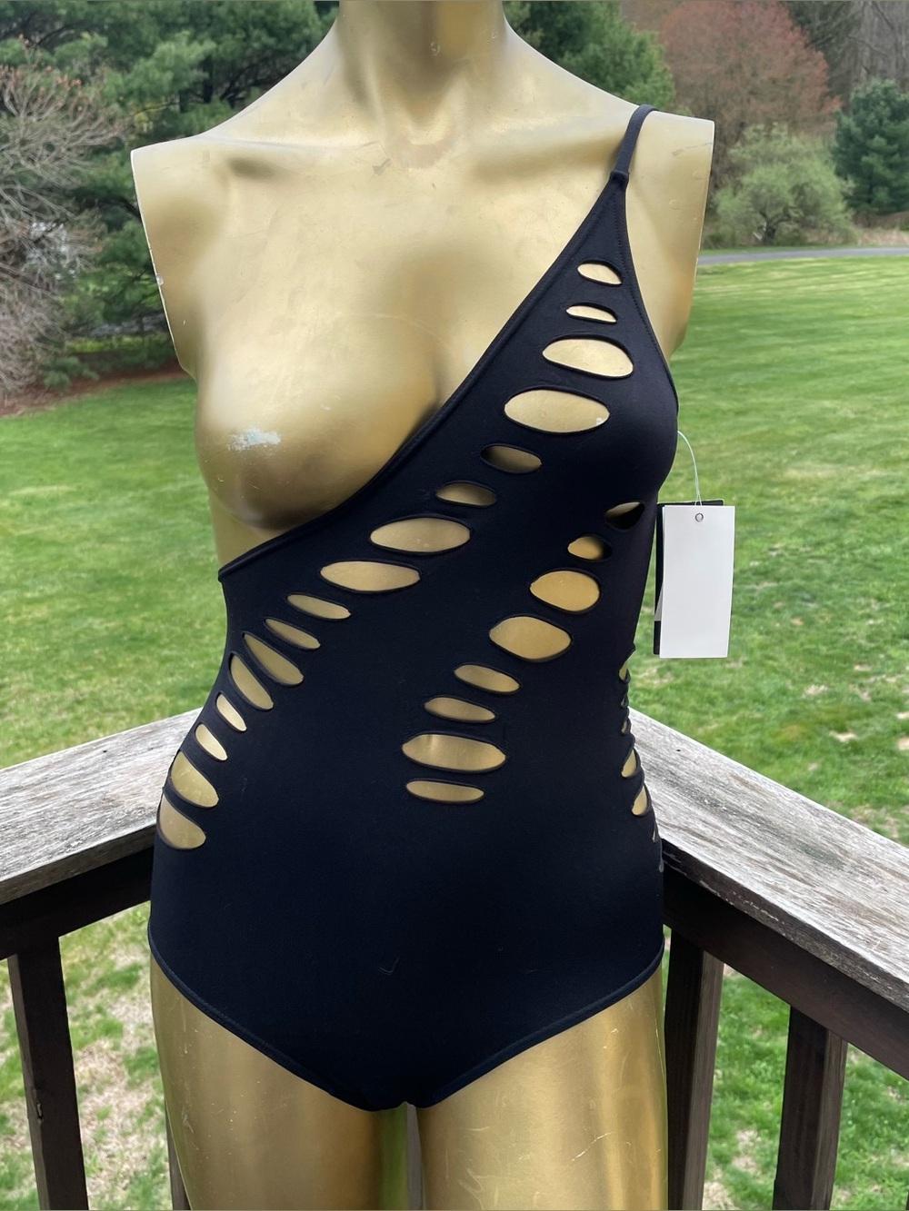 Material Girl swimsuit one piece sexy edgy cut out thrashed goth black small